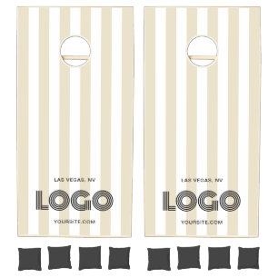 Beige and White Classic Stripe Logo Cornhole Set