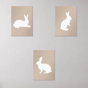 Beige And White Cute Bunny Silhouettes Nursery Wall Art Sets
