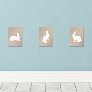Beige And White Cute Bunny Silhouettes Nursery Wall Art Sets