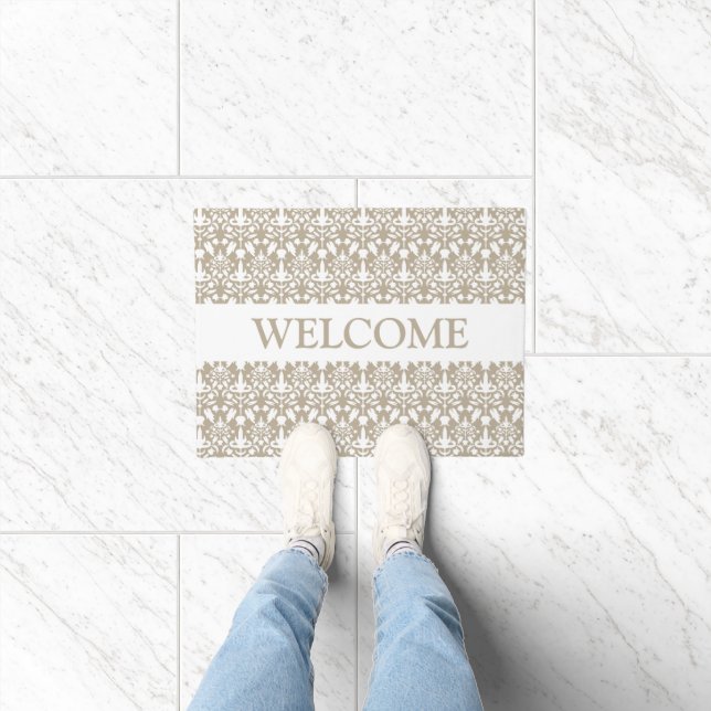 Beige And White Damask Pattern With Welcome Text Doormat (Indoor)