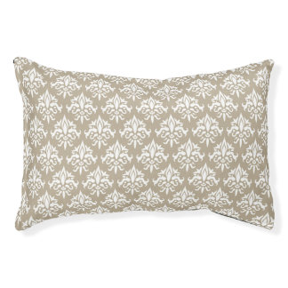 Beige And White Decorative Damask Pattern Pet Bed