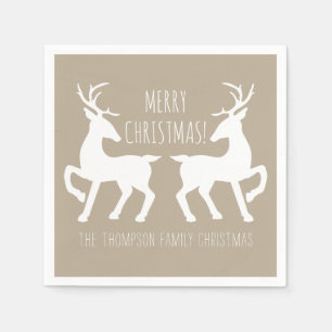 Beige And White Deers With Custom Text Christmas Paper Napkins