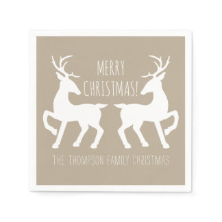 Beige And White Deers With Custom Text Christmas Paper Napkins