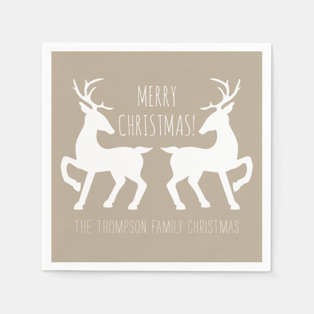 Beige And White Deers With Custom Text Christmas Paper Napkins (Front)