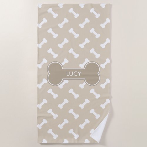 Beige And White Dog Bones Pattern With Custom Name Beach Towel