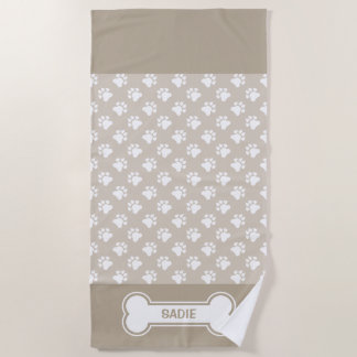 Beige And White Dog Paws And Bone With Name Beach Towel