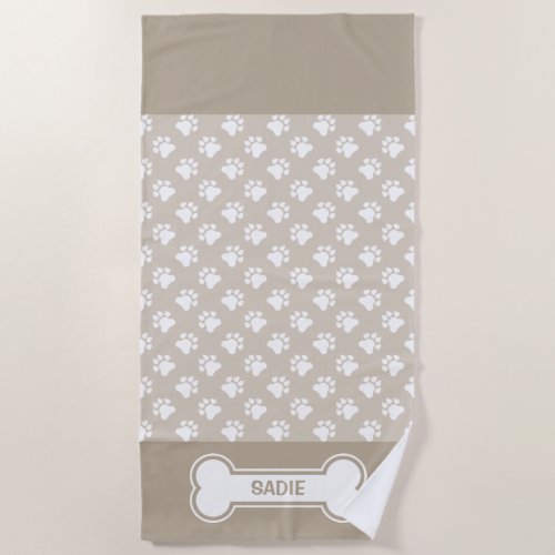 Beige And White Dog Paws And Bone With Name Beach Towel