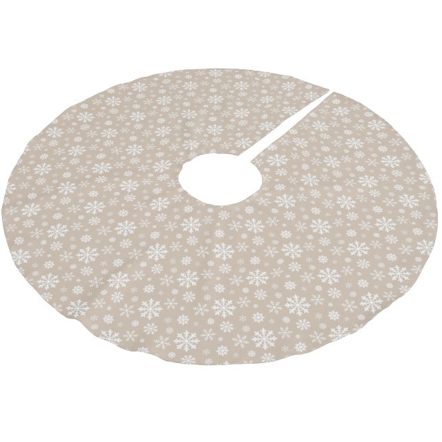 Beige And White Festive Winter Snowflake Pattern Brushed Polyester Tree Skirt (Angled)