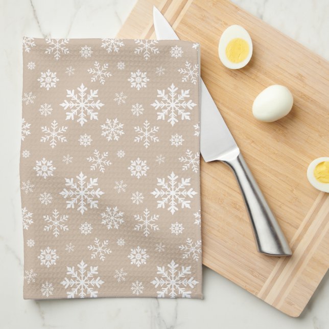 Beige And White Festive Winter Snowflake Pattern Kitchen Towel (Quarter Fold)