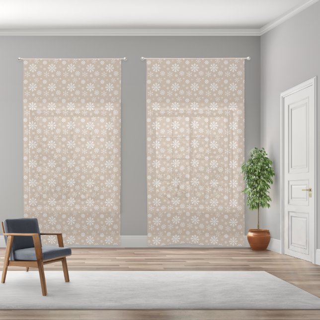 Beige And White Festive Winter Snowflake Pattern Sheer Curtains (Wide)