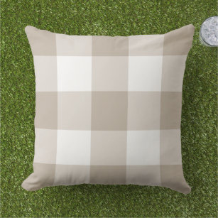 Beige and White Gingham Plaid Farmhouse Pattern Outdoor Pillow