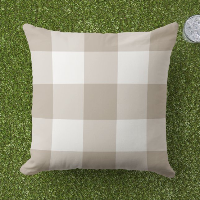 Beige and White Gingham Plaid Farmhouse Pattern Outdoor Pillow (Grass)