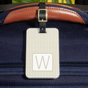 Beige and White Gingham Plaid Monogram Luggage Tag