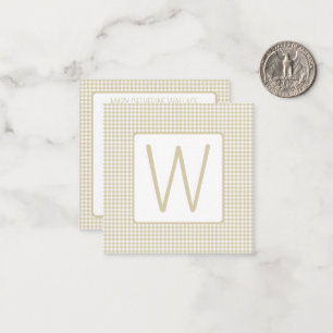 Beige and White Gingham Plaid Monogram Note Card