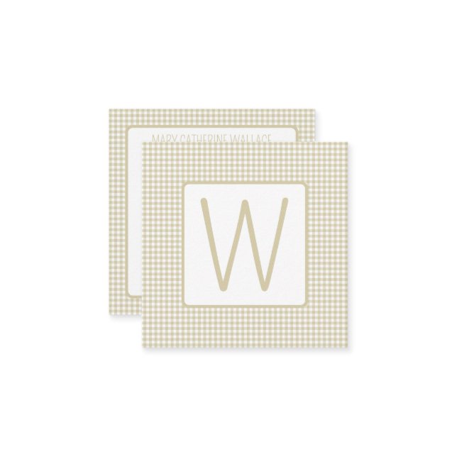 Beige and White Gingham Plaid Monogram Note Card (Front/Back In Situ)