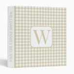 Beige and White Gingham Plaid Monogram Recipe 3 Ring Binder