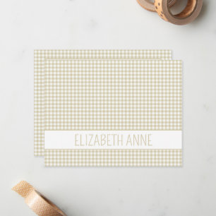 Beige and White Gingham Plaid Personalized Note Card
