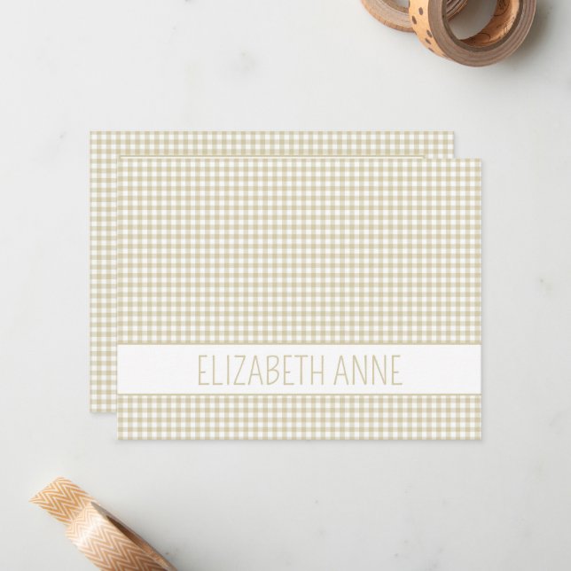Beige and White Gingham Plaid Personalized Note Card (Front/Back In Situ)