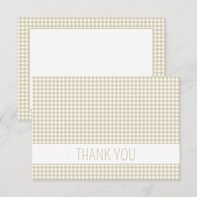 Beige and White Gingham Plaid Personalized Thank You Card (Front/Back)
