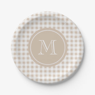 Beige and White Gingham, Your Monogram Paper Plates