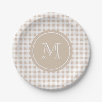 Beige And White Gingham  Your Monogram Paper Plates by GraphicsByMimi at Zazzle