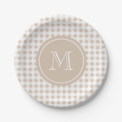 Beige and White Gingham Your Monogram Paper Plates