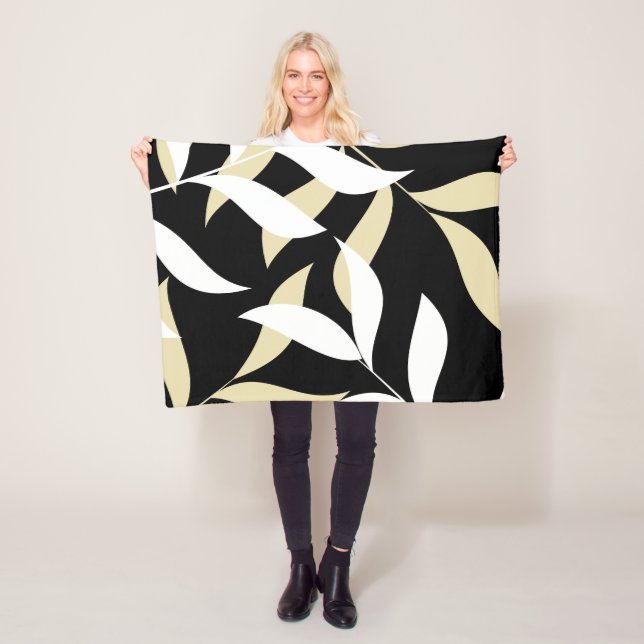 Beige and White Leaf Pattern Fleece Blanket (In Situ)