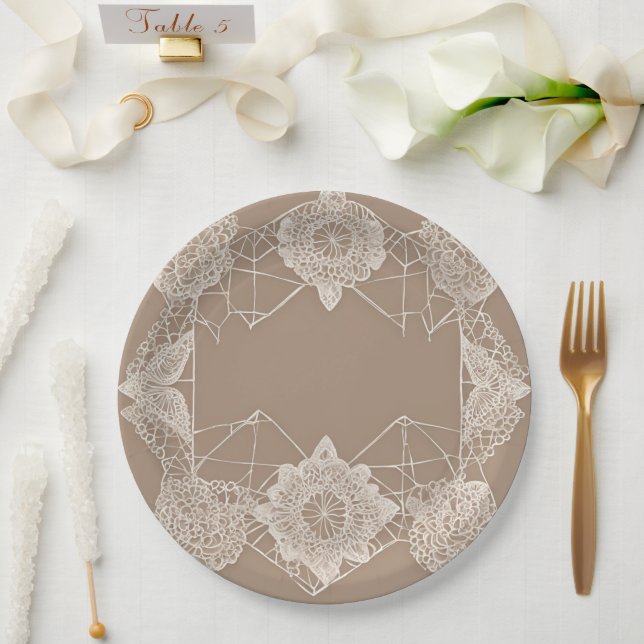 Beige and white patterns AI art  Paper Plates (Wedding)