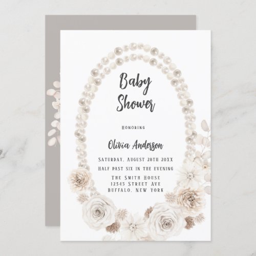 Beige and White Pearls and Florals Baby Shower Inv Invitation