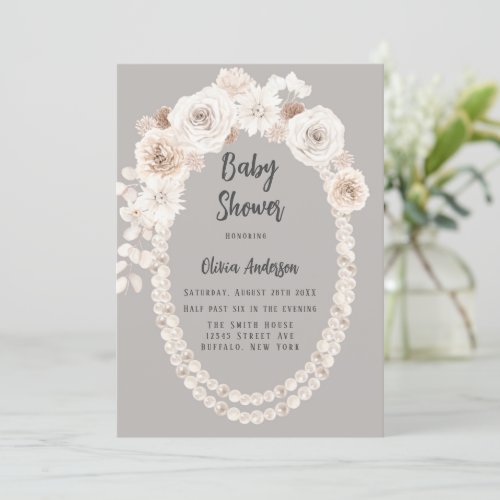 Beige and White Pearls and Florals Baby Shower Invitation