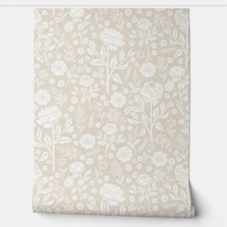 Beige and White Peonies Hand-Drawn Florals Wallpaper