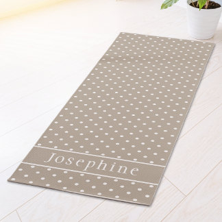 Beige And White Polka Dots Pattern And Custom Name Yoga Mat