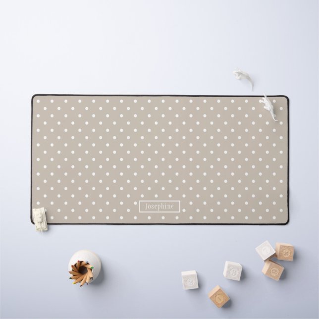 Beige And White Polka Dots Pattern With Name Desk Mat (Kids Table)