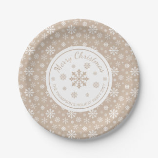 Beige And White Snowflakes Pattern Christmas Party Paper Plates