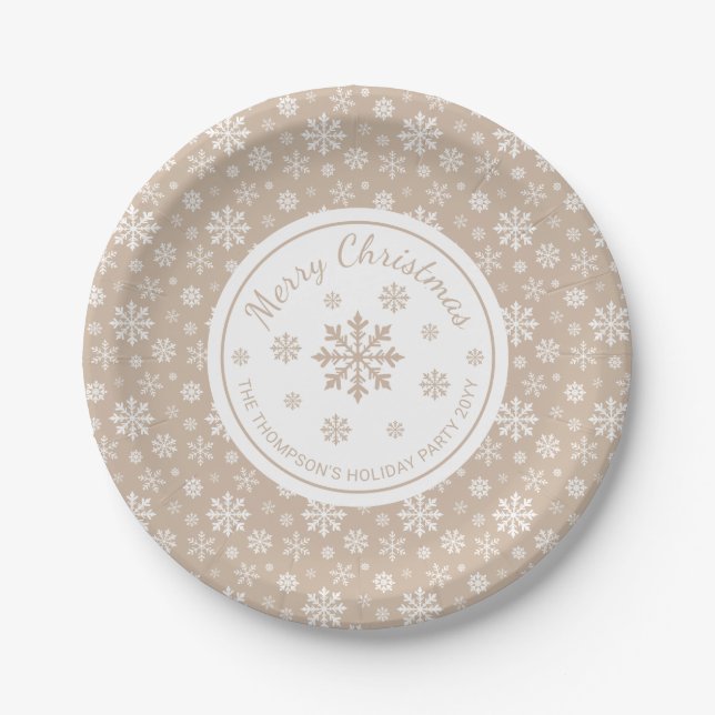 Beige And White Snowflakes Pattern Christmas Party Paper Plates (Front)