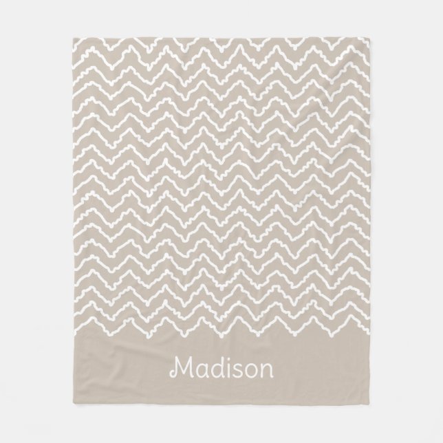 Beige And White Squiggly Chevron Zigzag Pattern Fleece Blanket (Front)
