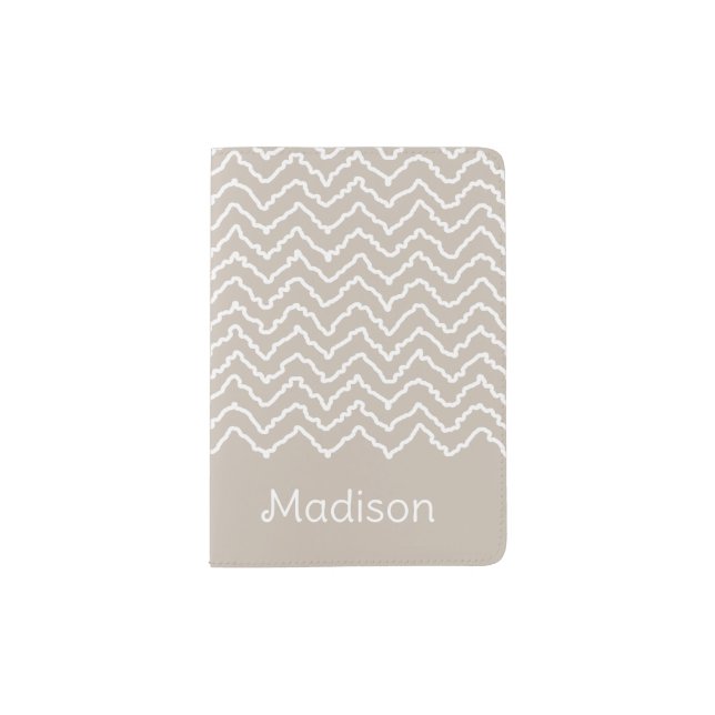 Beige And White Squiggly Chevron Zigzag Pattern Passport Holder (Front)