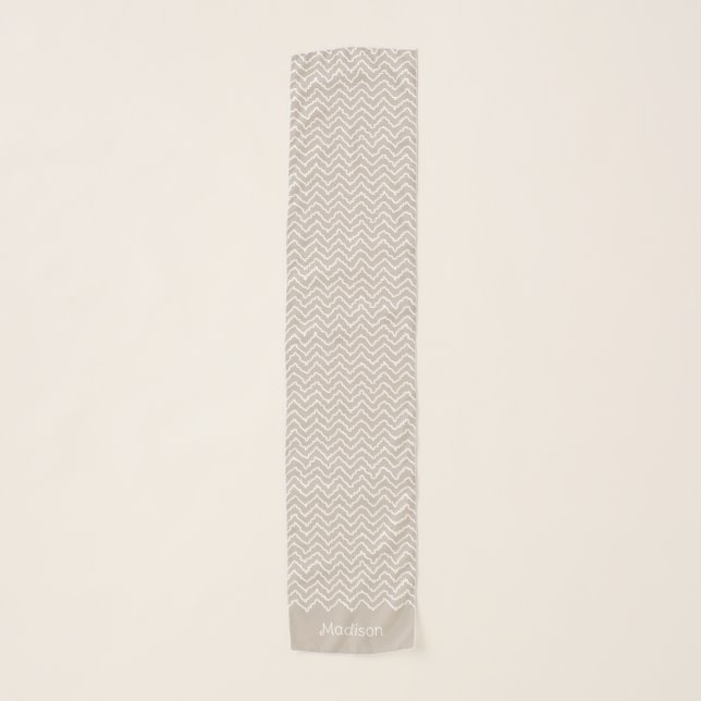 Beige And White Squiggly Chevron Zigzag Pattern Scarf (Front)
