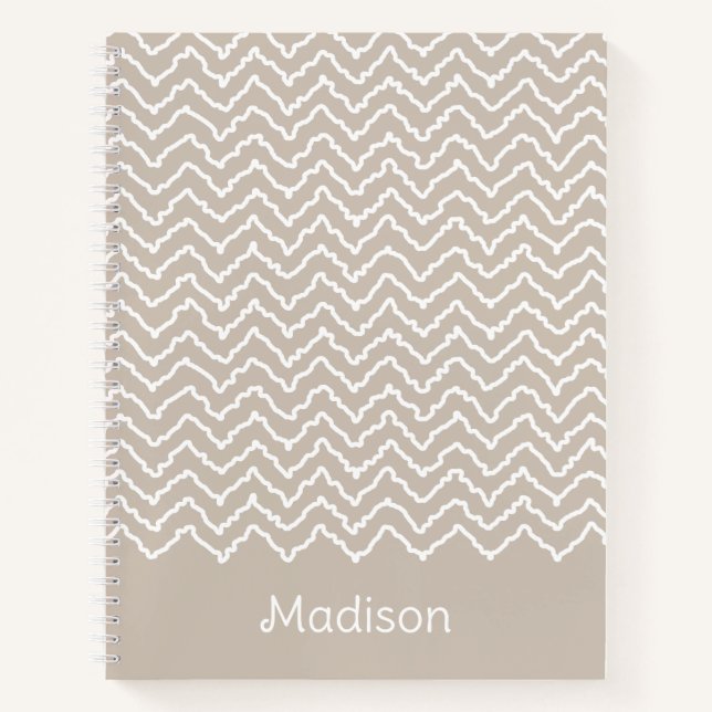 Beige And White Squiggly Chevron Zigzag With Name Notebook (Front)