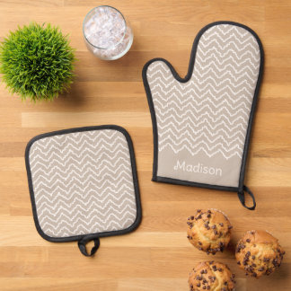 Beige And White Squiggly Chevron Zigzag With Name Oven Mitt &amp; Pot Holder Set