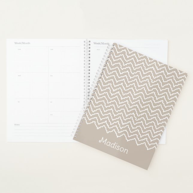 Beige And White Squiggly Chevron Zigzag With Name Planner (Display)