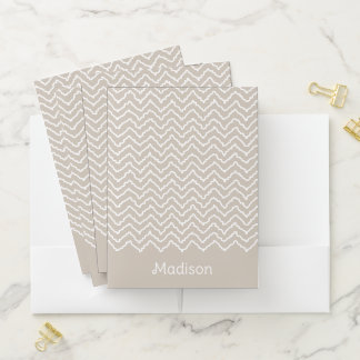 Beige And White Squiggly Chevron Zigzag With Name Pocket Folder