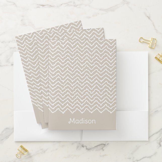 Beige And White Squiggly Chevron Zigzag With Name Pocket Folder (In Situ)
