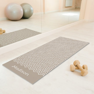Beige And White Squiggly Chevron Zigzag With Name Yoga Mat
