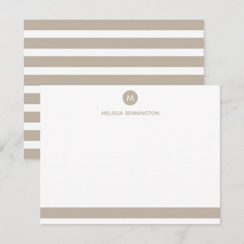 Beige and White Stripe Monogram Personalized Note Card