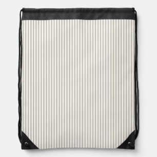 Beige and White Ticking Stripe Drawstring Bag