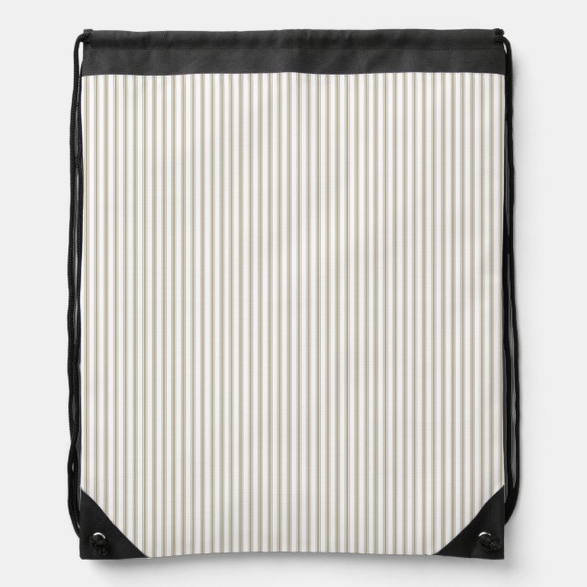 Beige and White Ticking Stripe  Drawstring Bag (Front)