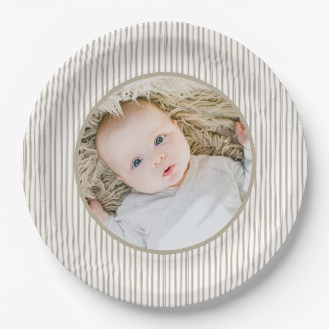 Beige and White Ticking Stripe  Paper Plates (Front)