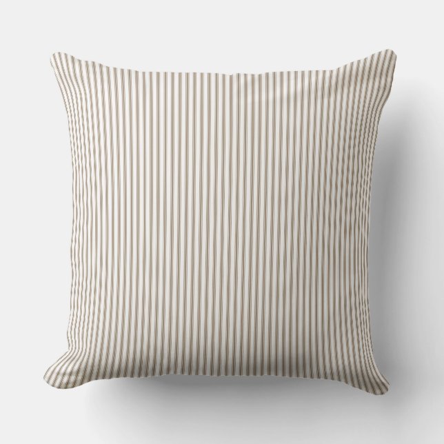 Beige and White Ticking Stripe Throw Pillow (Front)