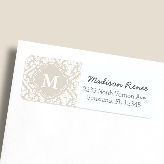 Beige and White Trendy Damask Custom Monogram Label (Creator Uploaded)